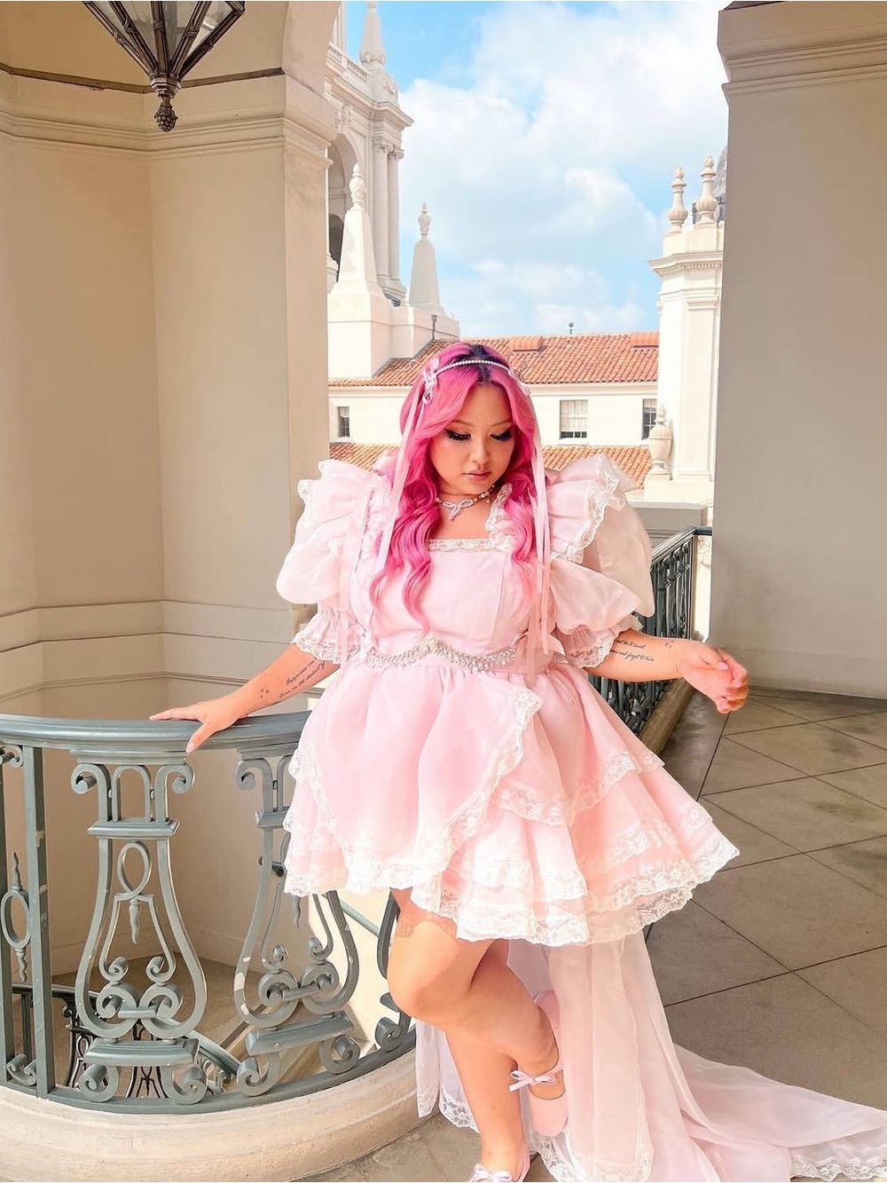 Selkie Pink Ruffled Lace Mini Dress with Train